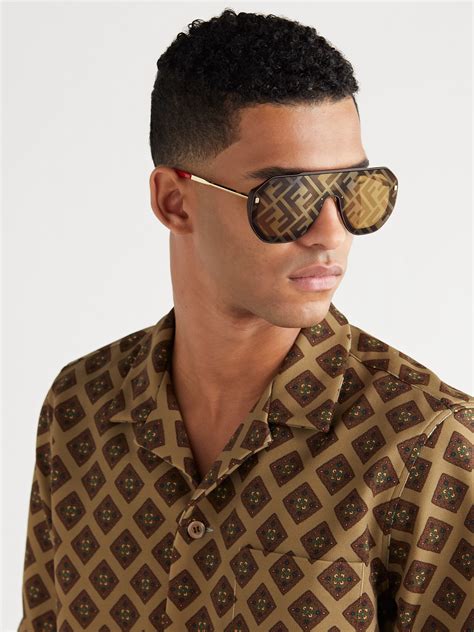 Fendi Aviator Style Logo Print Gold Tone And Acetate Sunglasses In Black Modesens
