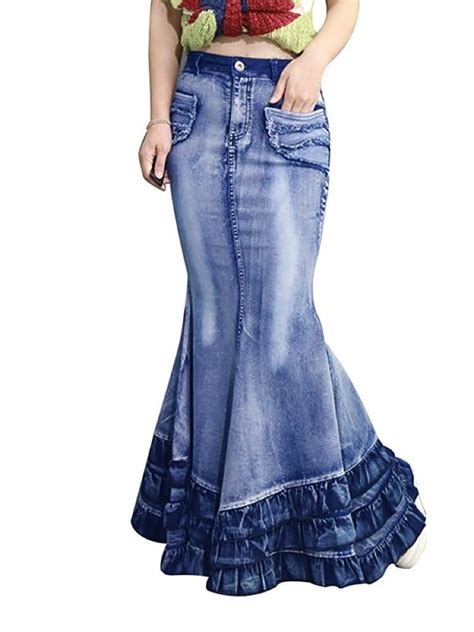 Floor Length Women Slim Washed Long Denim Skirt