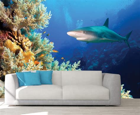 Underwater Wall Art Shark Wall Mural Wallpaper Shark Exotic Etsy