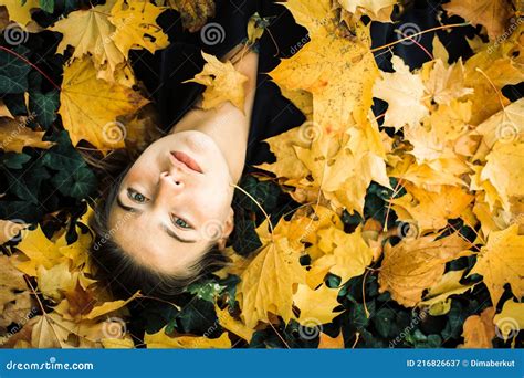 Beautiful Girl Lying On Fallen Autumn Leaves Top View Portrait Stock