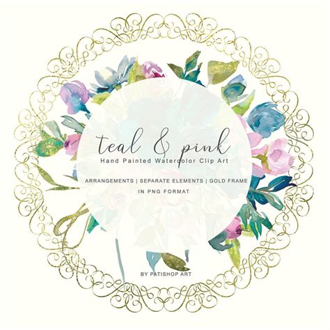 Teal And Pink Floral Bouquet Gold Glitter Clipart Wedding Etsy