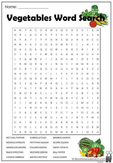 Vegetables Word Search Monster Word Search
