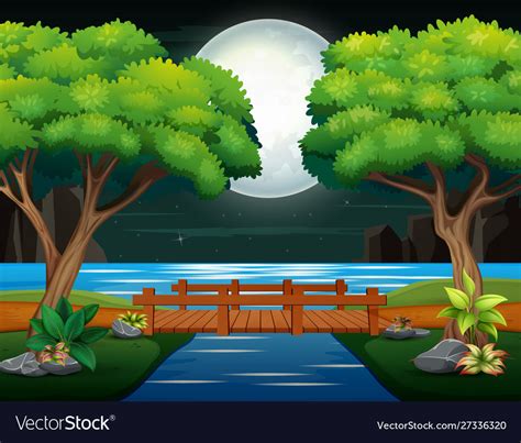Wooden Bridge Across River In Night Landscape Vector Image