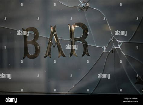 Alcohol Fuelled Violence Concept A Broken Bar Pub Window Uk Stock