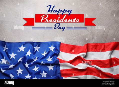Happy Presidents Day Federal Holiday American Flag And Text On Grey