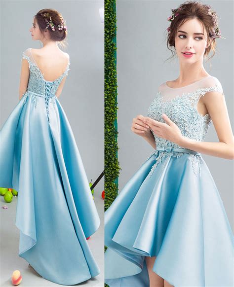 2020 Lovely Custom Made High Low Dresses Blue Girls Lace Prom Party Go Siaoryne