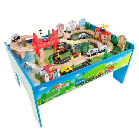 Hey Play Wooden Train Set And Table For Kids Complete Set With 75