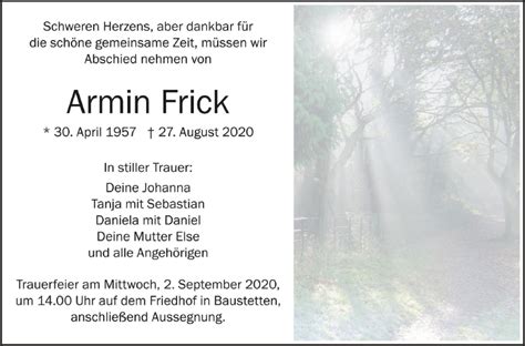 Traueranzeigen Von Armin Frick Schwaebische De Trauerportal My XXX