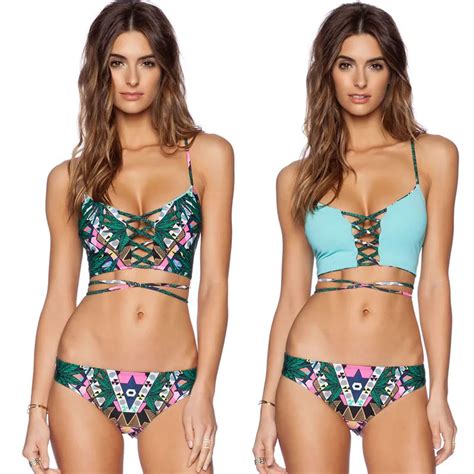 New Style Green Leaf Printing Bikini Swimsuit Reversible Retro Strappy
