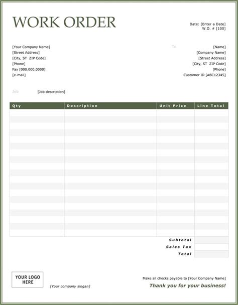 Work Orders Free Work Order Form Template For Excel Riset