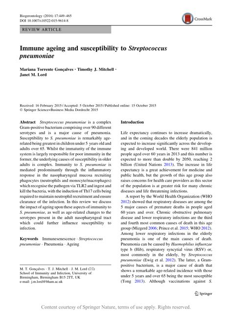 Immune Ageing And Susceptibility To Streptococcus Pneumoniae Request PDF