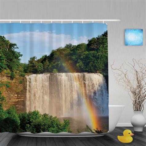 Spring Waterfall Scenery Shower Curtain Rainbow Tree Decor Bathroom
