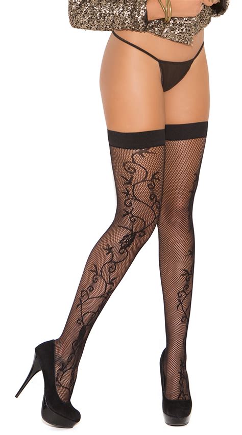 Fishnet Thigh High With Scroll Print Black Scroll Stockings