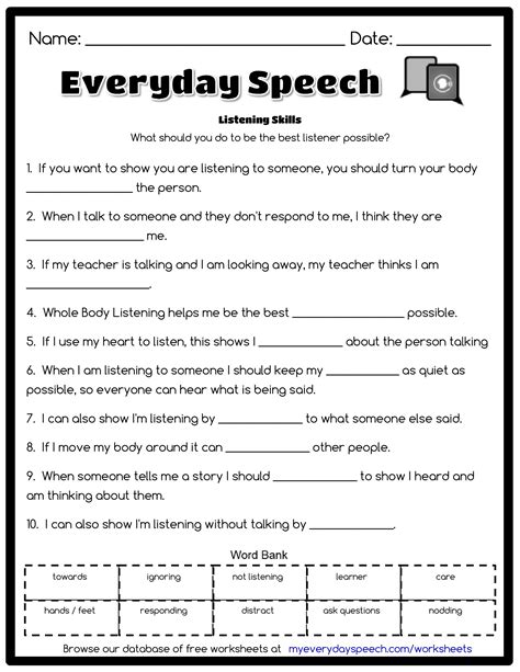 Listening Skills Everyday Speech Speech Therapy Worksheets