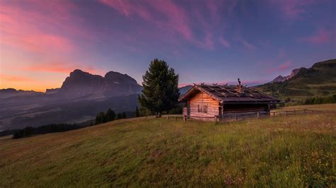 Log Cabin In The Mountain Field Wallpaper Backiee