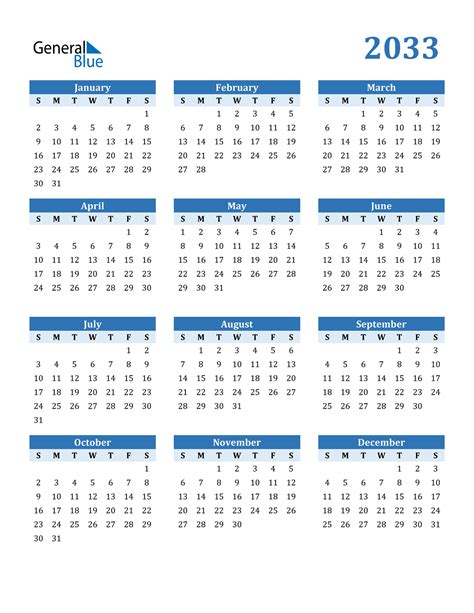 2033 Calendar Pdf Word Excel