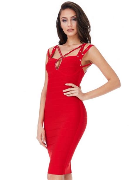 Goddiva Red Multi Strap Bandage Dress With Diamante Detail ~ Strappy