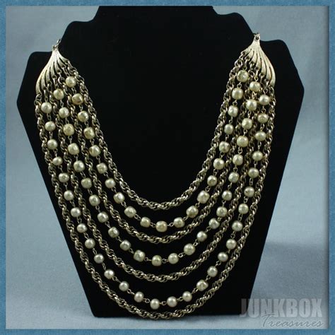 Vintage Multi Strand Bib Faux Pearl And Gold Tone Necklace Gold Tone