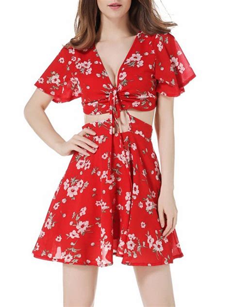 Sexy Deep V Neck Cutout Floral Printed Skater Dress Ebuytide