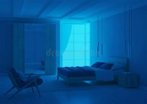 Modern Bedroom Interior With Blue Walls Stock Illustration