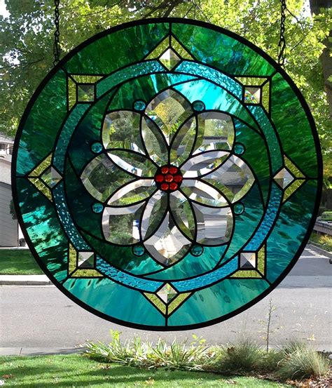Round Stained Glass Window Panelbeveled Flower Medallion Delphi
