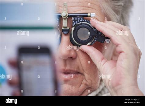 Eye Exam Vision And Senior Woman With Lens In Clinic For Testing Eyes