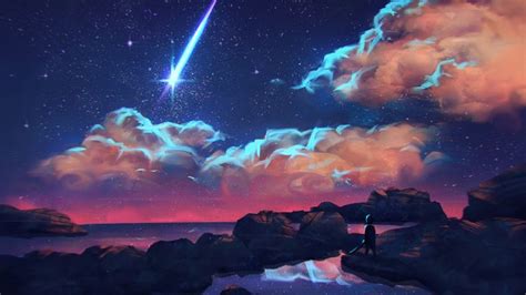 Digital Art Clouds Shooting Stars Night Wallpapers Hd