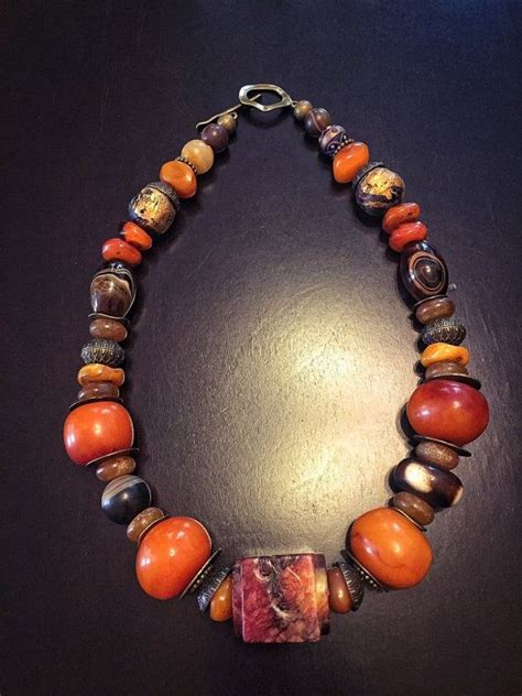 Tibetan Statement Necklace With Copal Amber Resin Agate Beads Qing Dynasty Coins Jade Cong