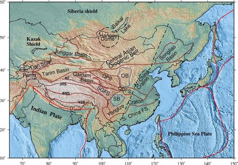 1 Topography Map Of China And The Surrounding Area With Major Tectonic