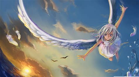 3840x2160px 4k Free Download Angel Drawing Angel Sky Clouds Flying Bonito Girl Wings
