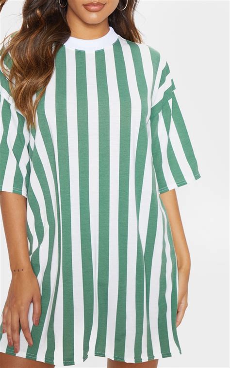Khaki Stripe Oversized Boyfriend T Shirt Dress Prettylittlething Usa