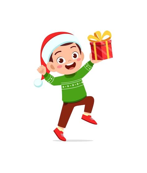 Premium Vector Happy Little Boy Holding Present For Christmas