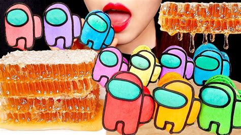 Asmr Raw Honeycomb Among Us Rainbow Macarons Eating Sounds Mukbang Youtube