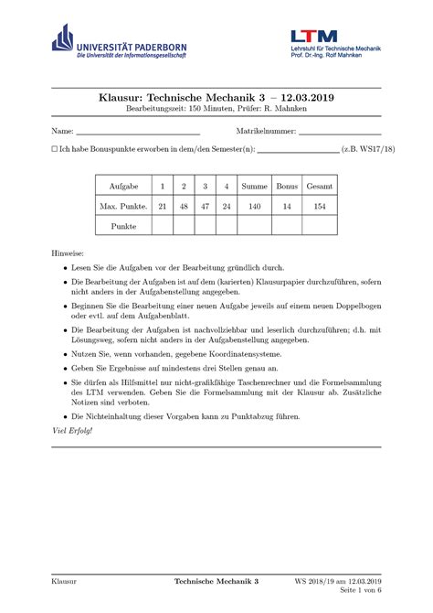 Klausur Tm Ws Lernen Klausur Technische Mechanik