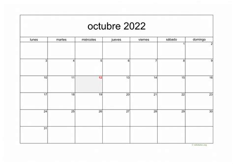 Calendario Octubre 2022