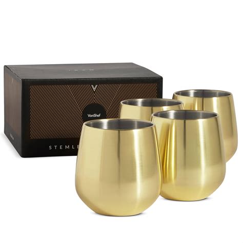 VonShef Set Of Gold Stemless Wine Glasses Oz Stainless Steel With Gift Box EBay