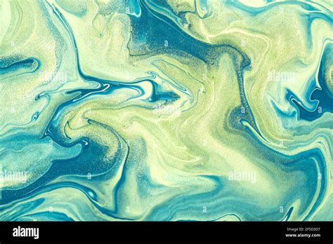 Abstract Fluid Art Background Blue And Green Colors Liquid Marble