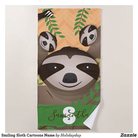Smiling Sloth Cartoons Name Beach Towel Sloth Cartoon Smiling Sloth