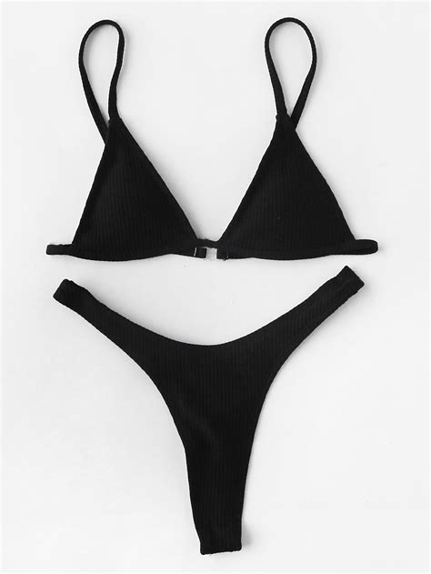 Shop High Leg Triangle Ribbed Bikini Set Online Shein Offers High Leg Triangle Ribbed Bikini