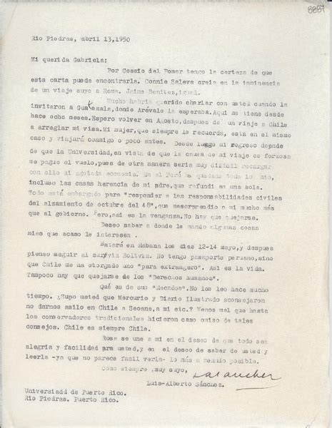 Carta 1950 Abr 13 Río Piedras Puerto Rico A Gabriela Mistral
