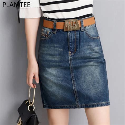 Plamtee Women High Waist Vintage Denim Pencil Skirts Summer Pocket Split Back Mini Saia Slim
