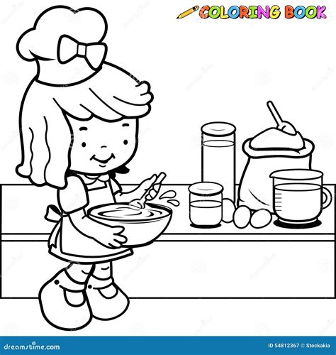 Child Cooking In The Kitchen Vector Black And White Coloring Page