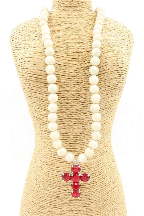 Gemstone Swarovski Cross Necklace Lt Siam 40cm Dra Bead