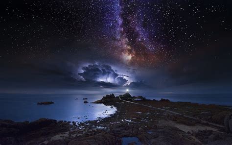 Space Landscape Milky Way Long Exposure Lighthouse Nature Starry