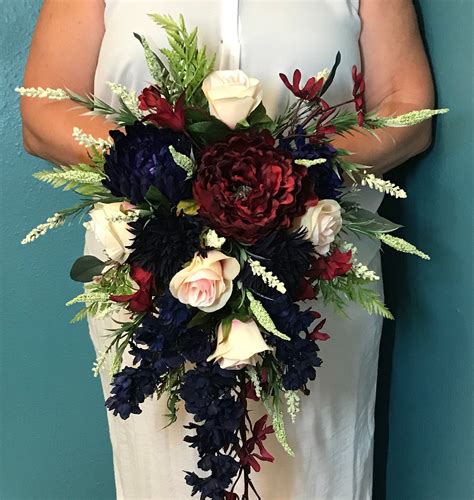 Couple sporting boho and classic details. Cascading Silk Navy Burgundy Blush Bridal Bouquet-Navy ...