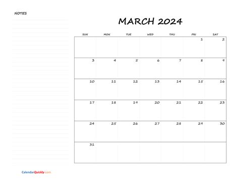 March Blank Calendar 2024 With Notes Calendar Quickly