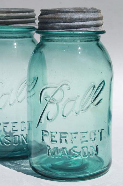 Vintage Ball Perfect Mason Aqua Blue Glass Quart Jars W Old Zinc Metal