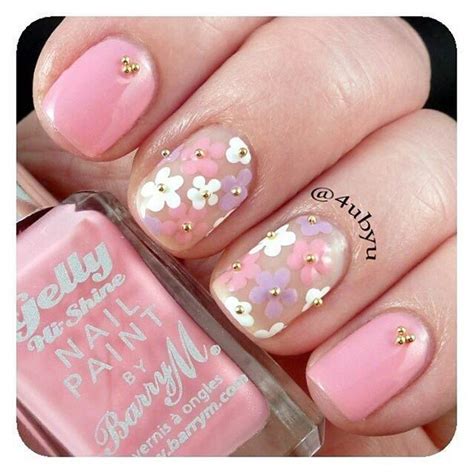 Clear Polish As Base For Pink And White Floral Nail Art Floral Nails