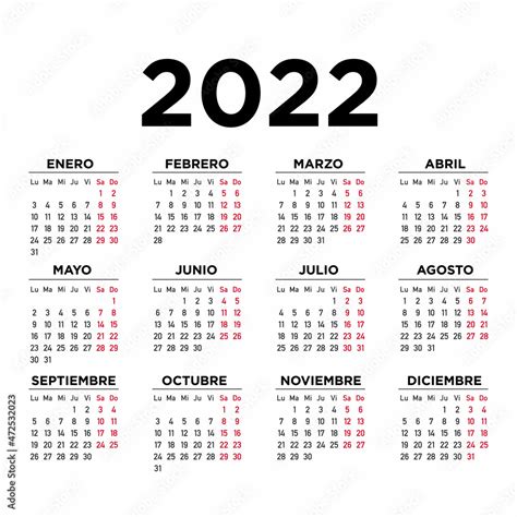 Vetor De Calendario 2022 Español Semana Comienza El Lunes Do Stock