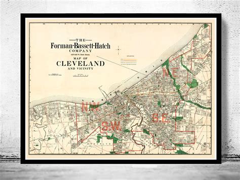 Old Map Of Cleveland And Suburbs 1912 Vintage Map Wall Map Print